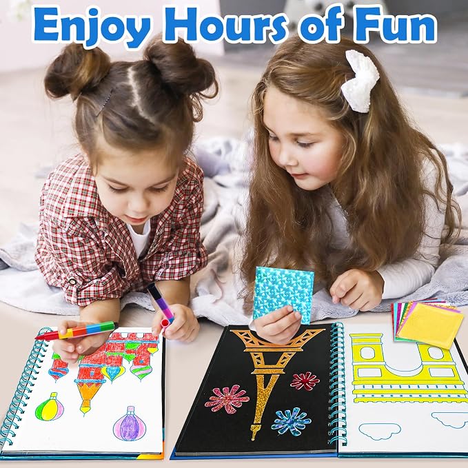 FUNNYB&G Foil Art Craft Kit for Kids 4-10 Years Old: Mess-Free & No-Glue, Create 16 Sparkly Famous Building Pictures – Perfect Travel Toy & Birthday Gift for Kids (Buildings)