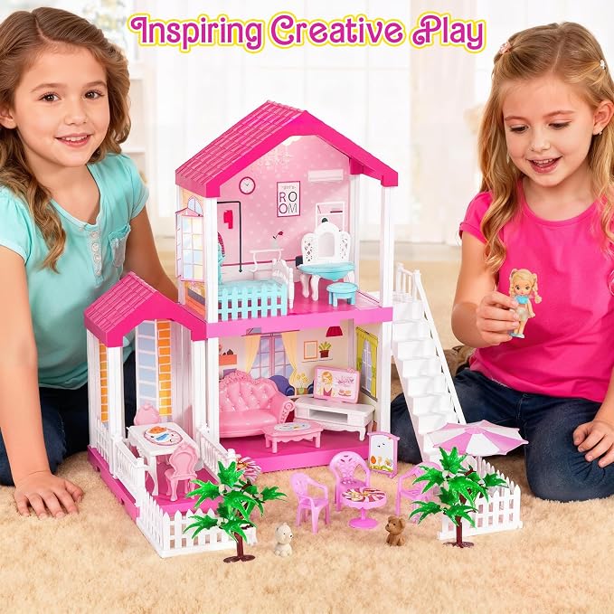 TUZT 2-Story Doll House with Stairway, Toy Figure, Pet Dogs, Furniture and Accessories, Pretend Play Dream Dollhouse with Light, Christmas Birthday Gifts for Kids Toddlers Girls Aged 3 4 5 6
