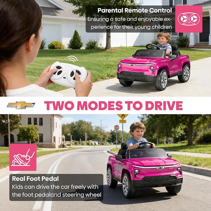 24V Licensed Chevrolet Silverado EV Electric Car for Kids, Ride on Toys for Toddlers with Remote Control, Soft Start, Wide Seat, 3 Speed, LED Lights, Music Player, Birthday Gift, Pink