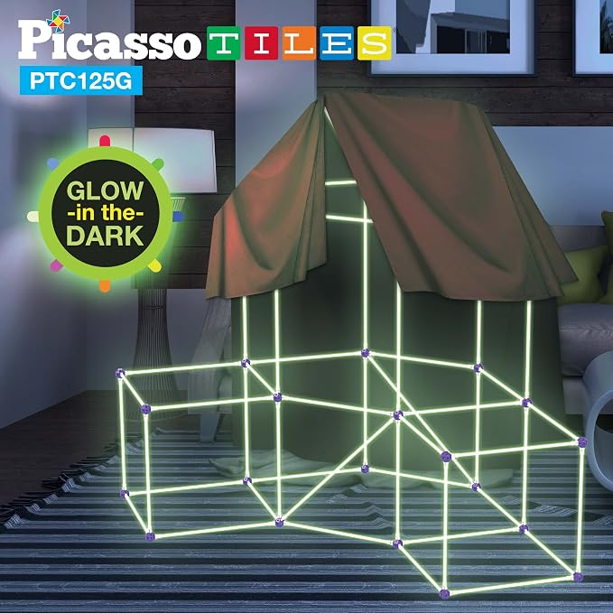 PicassoTiles Glow-in-The-Dark Indoor Outdoor Tunnel Tent Kids Fort Building Kit Playhouse for Boys & Girls Ages 3+ STEM Construction Toy Creative, Imaginative Play, and Problem Solving Skills PTC125G