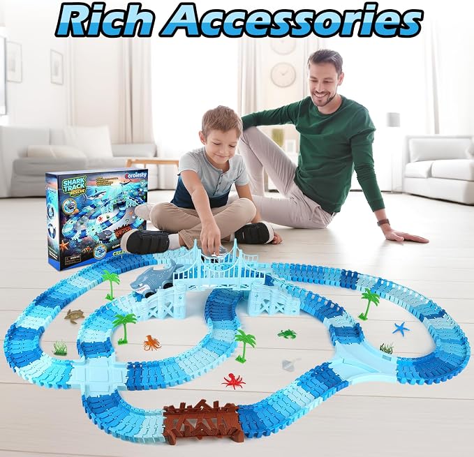 Coroiesty 264 PCS Shark Race Tracks for Kids Toys, Glow in The Dark Magic Toy Set, 2 Shark Cars Track, Flexible DIY Track Set, Birthday Gift for Age 3-9 Boys Toddler Girls