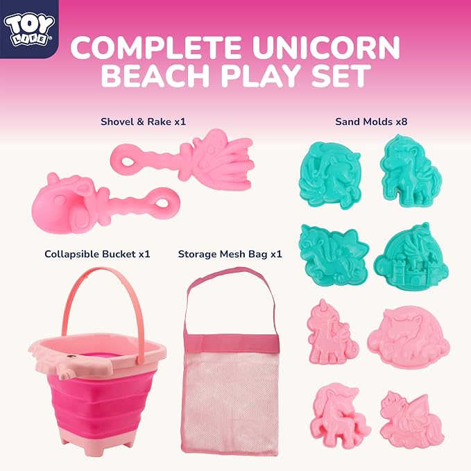 TOY Life Unicorn Beach Toys for Girls Ages 4-8, Collapsible Silicone Sand Toys Set with Bucket, Molds & Shovels, Travel Beach Toys, Sandbox & Snow Play, Unicorn Gifts for Kids