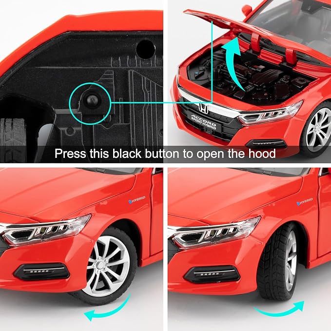 WAKAKAC Toy Car Compatible for 1:24 Accord Car Model, Pull Back Diecast Toy with Sounds＆Lights for Kids Boys Girls and Adults, Gift Red