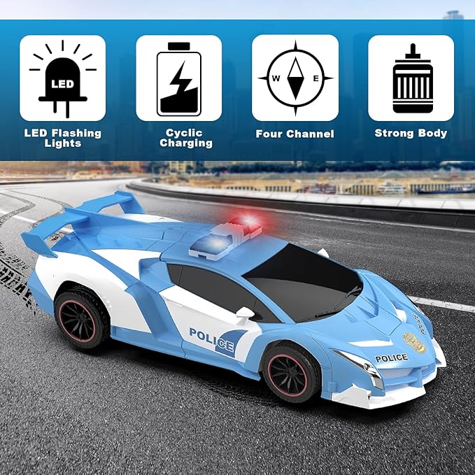 FDJ RC Cars - Transform Remote Control Car, 2.4Ghz 1:18 Scale Transforming Police Car Toy with Flashing Light, One Button Deformation 360 Degree Rotating Drifting Kids Toys Car for Boys Girls