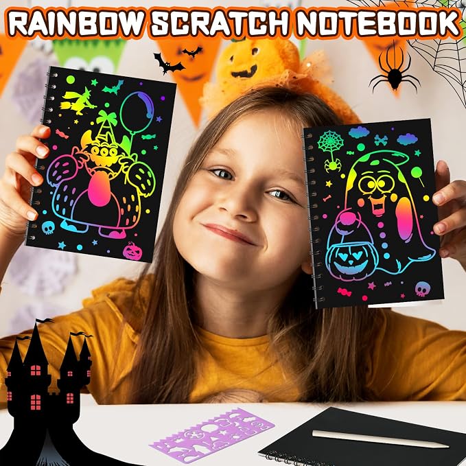 Halloween Scratch Art Party Favors: 16 Pack Rainbow Scratch Notebook Paper Party Favors for Kids Halloween Goodie Bags Stuffers Girls Boys Art Craft Birthday Gifts for Students Classroom