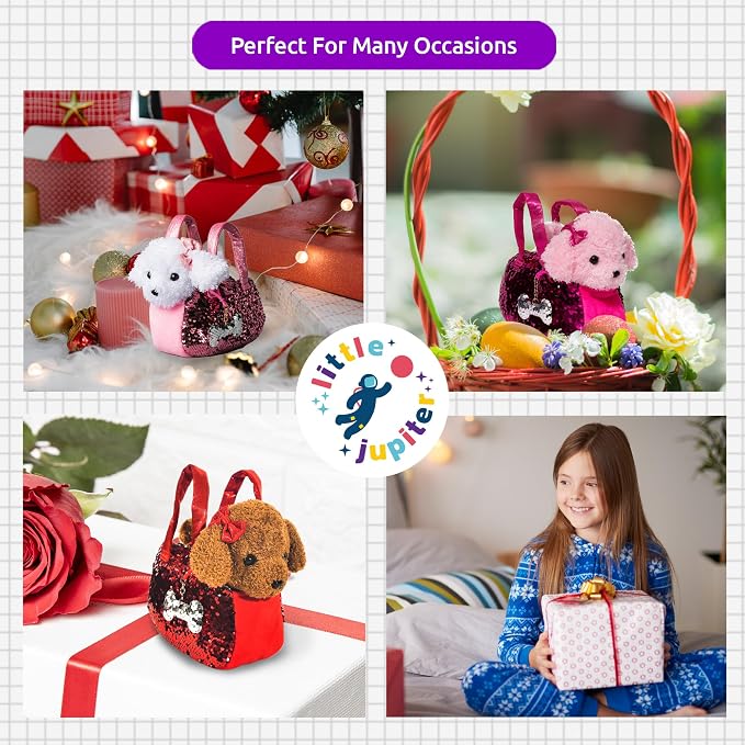 Little Jupiter Pet Plush Set with Purse w/Reversible Sequins & Charm - Stuffed Animal Toy for Kids Ages 4-5 - 6-7 - Stuffed Animal Purse - Stuffed Animals for Girls - (Pink Labradoodle)