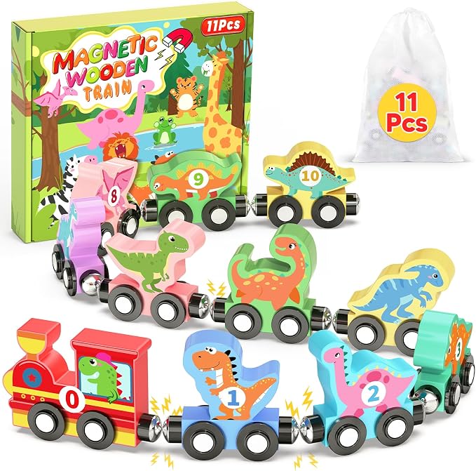 11 Pcs Magnetic Dinosaur Train Set Montessori Toys for 1 2 3 Years Old Toddlers Boys Girls, Wooden Dinosaur Preschool Learning Activities Educational Sensory Toys Birthday Gifts Ages 1-3, 2-4
