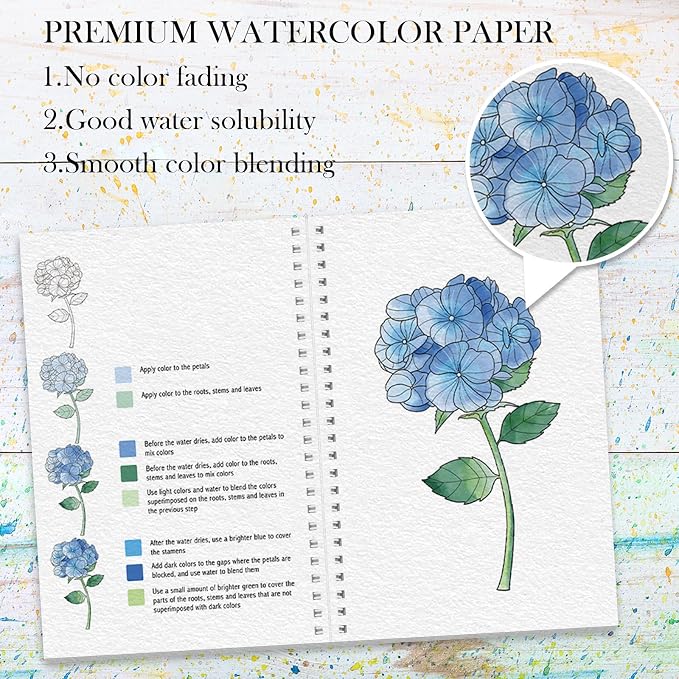 3Pcs Watercolor Workbook Paint Book Beginner Friendly Painting Kit, 36 Pages Workbooks with 24 Paint Colors & Brush for Beginners, Stress-Relieving Gift for Women Adults (Kitchen&Animals&Flower)