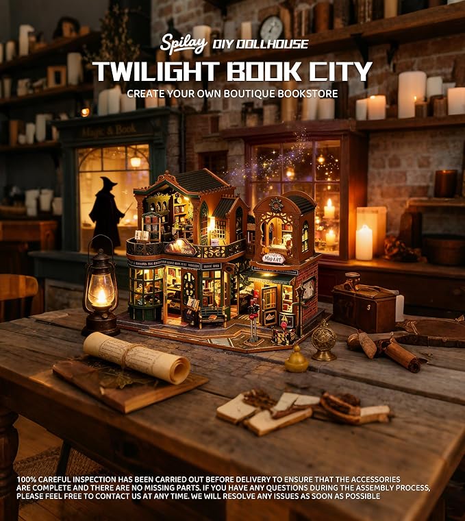 Spilay DIY Miniature House Kit for Adults, Miniature Dollhouse Kit | With Music Box & Dust Cover, Wooden Craft Building Set for Bookshelf Decor, Home Display & Creative Gifts for DIY Lovers