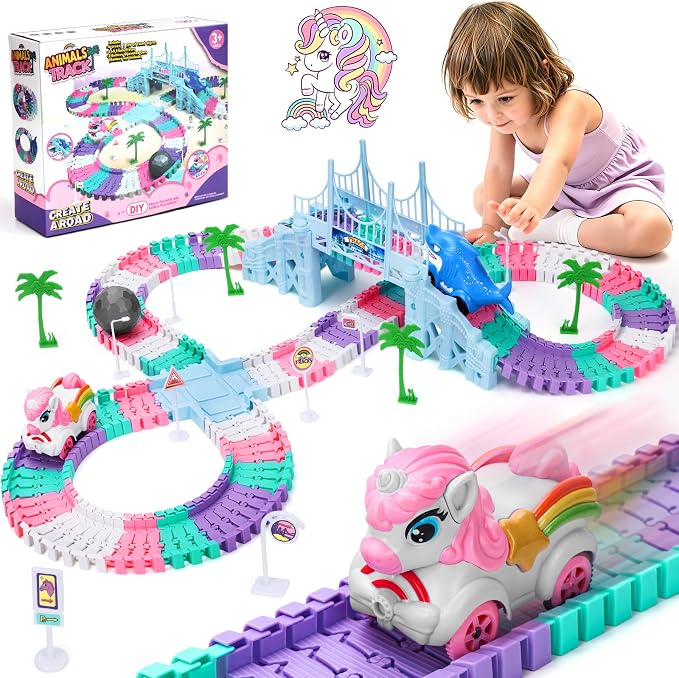194PCS Unicorn Race Track for Kids Ages 4-8: Flexible Racetrack Toy Car Track Set with Unicorn & Shark Monster Trucks, Great Toys for 3 4 5 Year Old Girls Gifts, Toddler Girls Boys Age 3-6