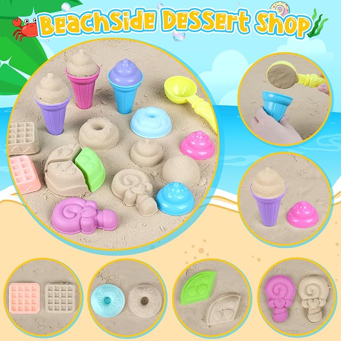 KUBUSFLY Beach Toys for Toddlers, Sand Castle Toys with 4 Beach Bucket and Shovels, Ice Cream Travel Sand Toys for Sandbox & Mesh Bag, Essentials Toy for Toddlers Kids Baby Boys Girls Age 3-10