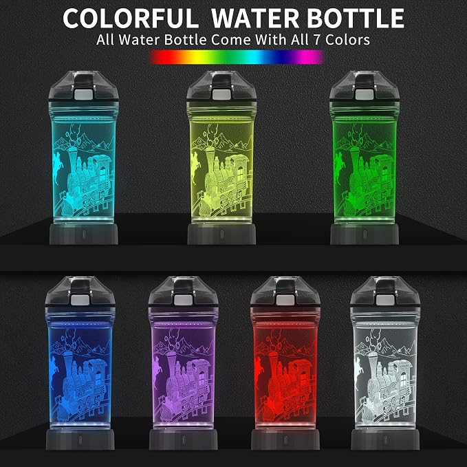 Lightzz Kids Train Water Bottle with 3D Glowing LED Light, Ideal Travel Cup Train Gifts for Back to School Girls Boys Child Holiday Camping Picnic, Light Up Glowing Bottle 14 Oz Tritan BPA Free