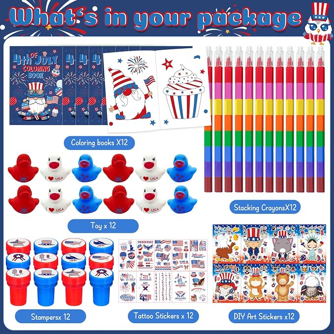 Cinrobiye 72 Pcs Patriotic Activity Set, 4th of July Coloring Books with Crayons, Stickers, Tattoos, Stampers and Mini Duck Accessories for Classroom Activity, Event Supplies and Holiday Gatherings