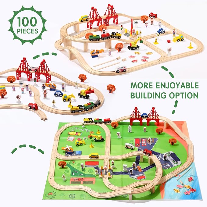 100 Pcs Wooden Train Track Set, Toy Train with Tracks for Kids Ages 3-10, Compatible with Major Brands, Railway Playset for Boys and Girls Birthday Gift