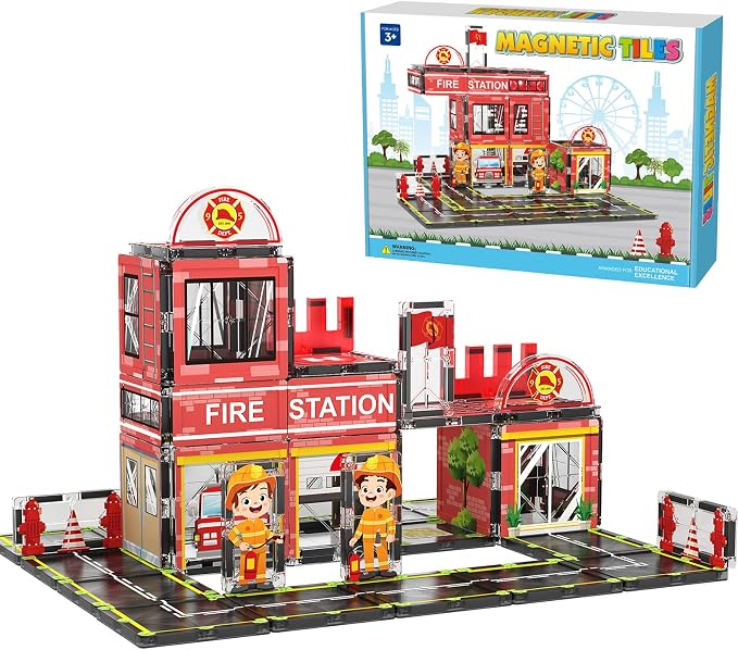 AFUNX Magnetic Tiles, 50PCS Fire Station Theme Building Blocks Set, Magnet Building Blocks and STEM Preschool Toys for Toddlers Kids Ages 3-5 5-7 8-10