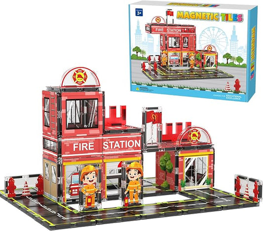 AFUNX Magnetic Tiles, 50PCS Fire Station Theme Building Blocks Set, Magnet Building Blocks and STEM Preschool Toys for Toddlers Kids Ages 3-5 5-7 8-10