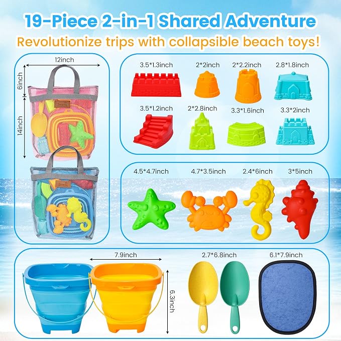 LovesTown Collapsible Beach Toys for Kids, Collapsible Sand Bucket and Shovels Set with Mesh Bag & Sand Molds, Beach Vacation Essentials, 19PCS