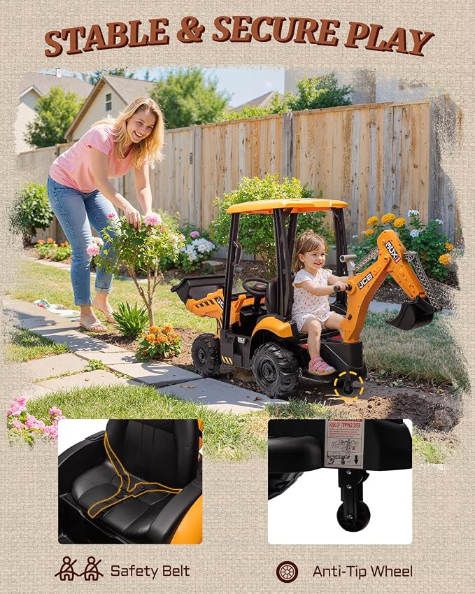First Ride On JCB 12V Ride on Excavator for Kids with Remote Control, 3-in-1 Excavator, Bulldozer & Backhoe Ride on Toy, Kids Electric Construction Car with Reversible Seat, Canopy & Seat Belt (12V)