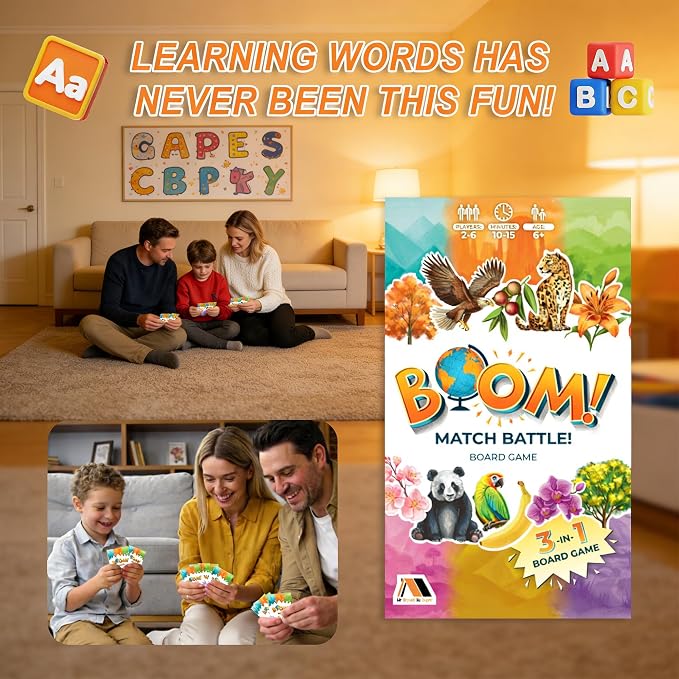 Boom Match Battle Board Game Ages 6+ 3-in-1 Board Games for Kids - Math Board Game, Classic Word Games - Family Fun for Kids & Adults - Card Games - Learning Activities - 3 in 1 Board Games for Kids