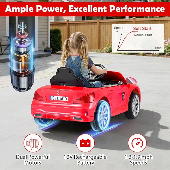 Costzon Ride On Car, 12V Licensed Mercedes Benz Electric Vehicles with Parent Remote Control, LED Headlights, Music & Wireless Connection, Kids Car for Boys Girls Aged 3-8 (SL500,Red)