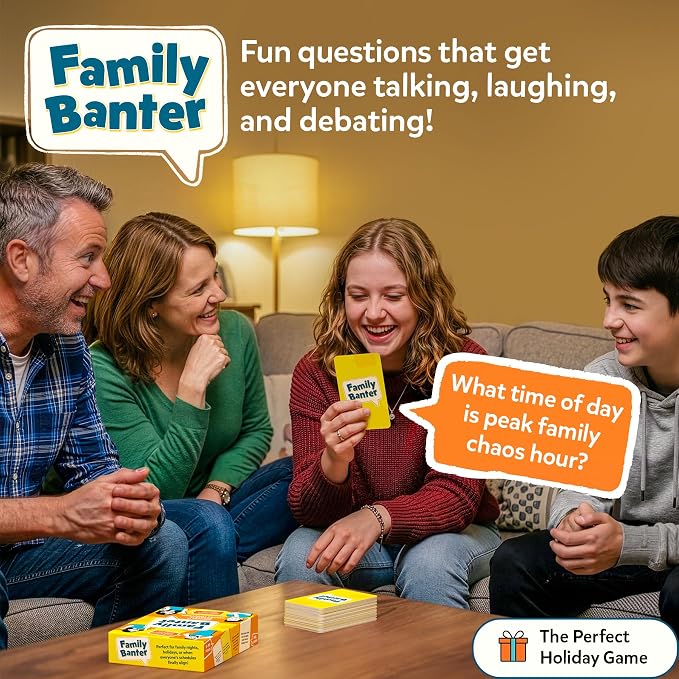 Gouda Games Family Banter Card Game, Fun and Hilarious for Family Game Night, Interactive Conversation with 148 Question Cards, Travel Game for Kids Teens and Adults, Gift Ages 8, 9, 10 and Up