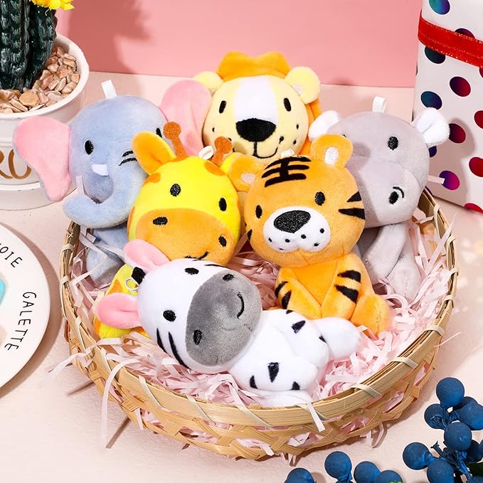 Aoriher 6 Pcs Small Stuffed Animals, 4 Inch Mini Stuffed Woodland Safari Animals Including Lion, Giraffe, Elephant, Tiger, Hippo for Baby Shower, Birthday Party Decorations and Student Rewards(Lovely)