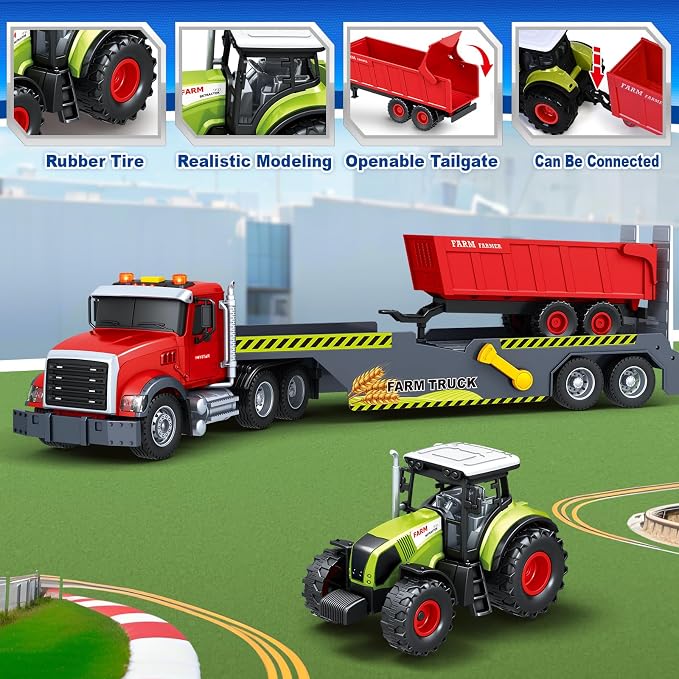 Bstoyder Toddler Boy Toys for 3 4 5 6 7 Years Kids, 21" Semi Flatbed Truck Toy with a Farm Truck, Friction Powered Vehicles Toys with Lights and Sounds, Birthday for Boy Girls