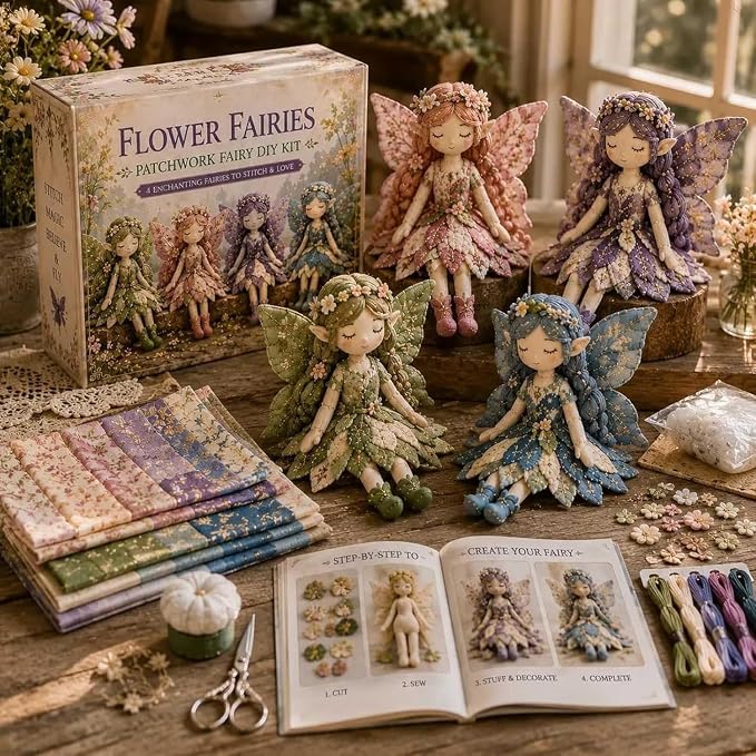 Fairy Patchwork DIY Collection, Fun Flower Fairy Patchwork Sewing Kit, Make 4pcs Winged Elf Cloth Dolls, Complete Fabric Supplies DIY Craft Set for Beginner Crafters, Home Decor Handmade Gift (#E)