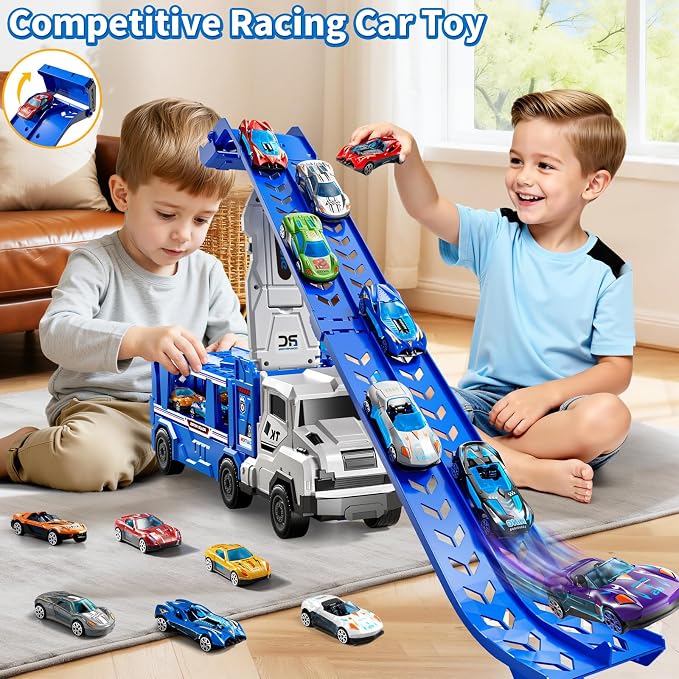 3-in-1 Kids Carrier Truck Toy Car Tracks for Toddlers 2-4 Years Old with 12 Racing Cars Toys, Foldable Chasing Race Track and Car Garage, Car Ramps Birthday Gift for Boys Girls 3-5 4-8(Blue)