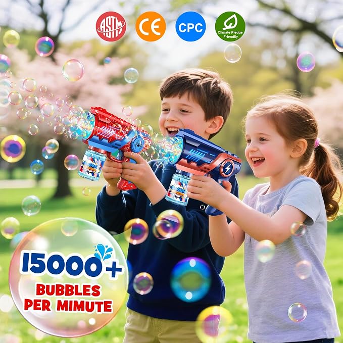 Bubble Gun Machine Toys for Kids: 2 Pack Bubble Blower with 2 Bottles Refill Solution - Bubble Blaster for 3 4 5 6 7 8 Year Old Boy Girl Kids, Summer Outdoor Toy for Easter Birthday Wedding Party Gift