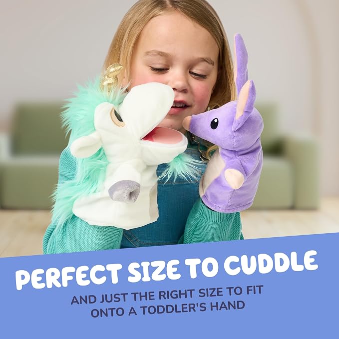 Bluey Unicorse & Bob Bilby Hand Puppets Plush 2-Pack – 8-9” Soft Deluxe Fabric, Embroidered Details, Perfect for Toddler Hands, Imaginative Play, Official Bluey Toys, Amazon Exclusive