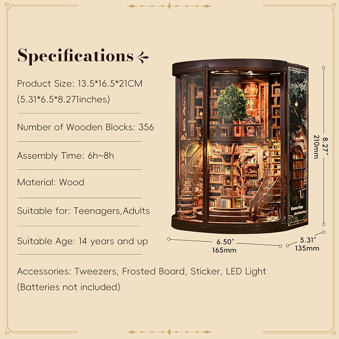 POP JOY DIY Book Nook Kit with LED Light, Fantasy Tree Library Miniature Dollhouse 3D Wooden Puzzle Bookshelf Insert, DIY Book Nook Bookshelf Decor for Adults Teens Book Lovers Gift