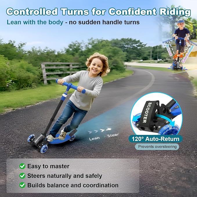 3 Wheel Kids Kick Scooter for Ages 3-12, Lean-to-Steer, Light-Up Wheels, 3-Level Adjustable Handlebar 27.5”-33”, Wide Non-Slip Deck, Dual Rear Brake,Travel Foldable, for Boys & Girls Toy Gifts