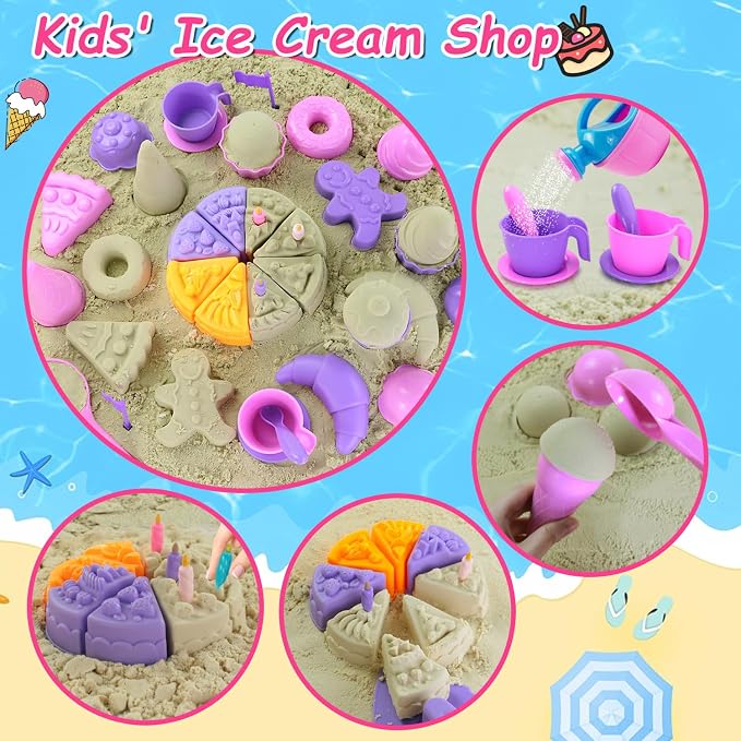 Elovien Beach Sand Toys, 50Pcs Sandbox Toys with 2 Collapsible Buckets, Mesh Backpack Bag, Shovels, Ice Cream, Cake & Castle Sand Molds, Summer Outdoor Travel Toys for Kids Toddlers Girls