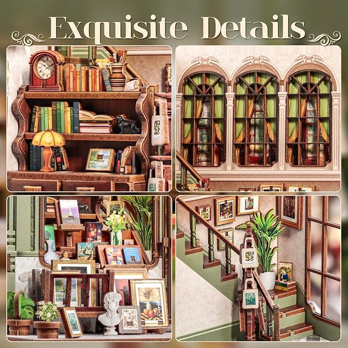 Cutefun Book Nook Kit - DIY Miniature Dollhouse Kit for Adults and Teens, 3D Wooden Puzzle Bookshelf Insert Decor with LED Light, Gifts for Book Lovers and Beginners (Gallery Bookstore)