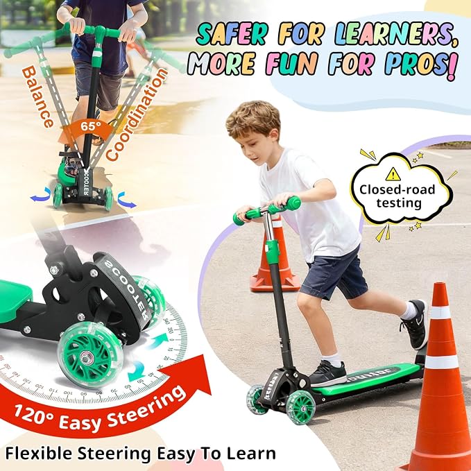 3 Wheel Kids Kick Scooter for Ages 3-12, Lean-to-Steer, Light-Up Wheels, 3-Level Adjustable Handlebar 27.5”-33”, Wide Non-Slip Deck, Dual Rear Brake,Travel Foldable, for Boys & Girls Toy Gifts