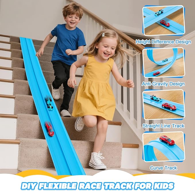 Flexible Race Track for Kids - 15 Ft Flex Track Race Car Tracks with Car Ramp Toy, Fit for Monster Truck Track & Kids' Play Cars, Race Tracks for Toddlers 3+, Gifts for Boys Girls (Light Blue)