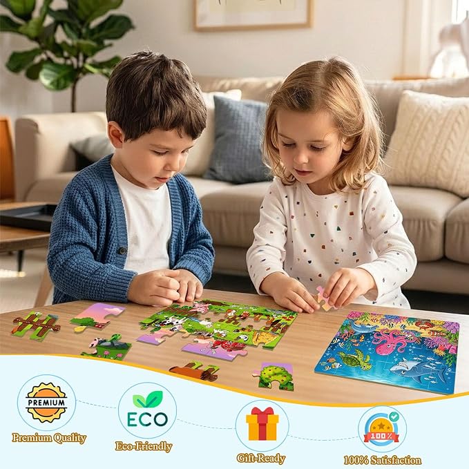 Wooden Puzzles for Kids Ages 4-6, Set of 4 Packs with 24 Piece Wooden Jigsaw Puzzles Preschool Educational Learning Toys Gifts for 3 4 5 6 Boys Girls