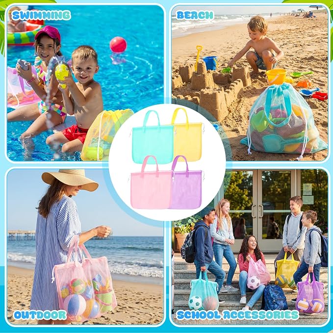 Paterr 4 Pcs Mesh Beach Tote Bag Seashell Bags Foldable Large Beach Toy Organizer with Drawstring, Pool Gym Swimming Camping Accessories Lightweight Foldable Birthday Gifts (4 Colors)