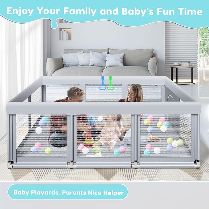 Fshibila 74" ×50" Large Baby Playpen, Baby Playard for Babies and Toddlers, PlayPen for Indoor & Outdoor, Sturdy Safety Play Yard with Soft Breathable Mesh, Anti-Fall, Ball x 18, Handle x 2, Grey