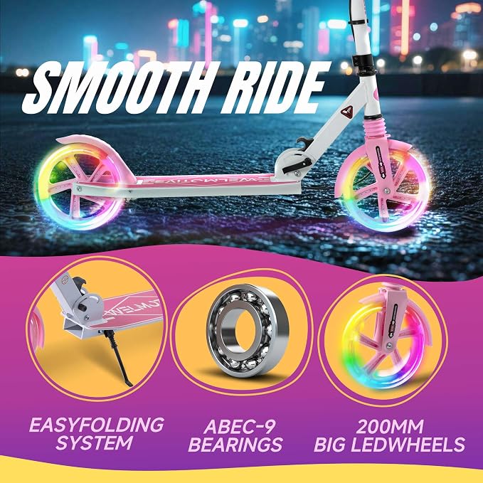 Kick Scooter for Kids Ages 8+ Teens & Adults, with Front handbrake and Rear Brake, and Adjustable Handlebars, Big Sturdy PU Flash Wheels Great Gift & Toy