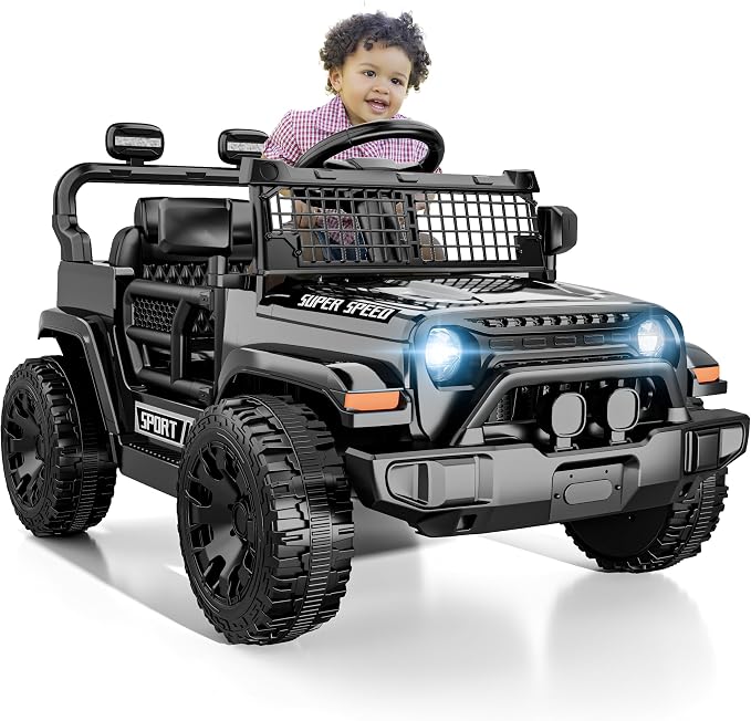 12V Ride on Car with Parent Remote Control, Toddler Electric Car with Spring Suspension, LED Lights & Music Player - Safe Battery Toy for Kids, Christmas & Birthday Gift, Black
