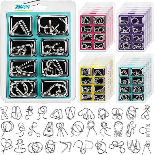 Set of 240 Metal Wire Puzzle Bulk IQ Test Disentanglement Puzzle Brain Game with Pouch Chinese Ring Magic Trick Toy for Adults Kids Party Challenge Favor Gifts Challenge