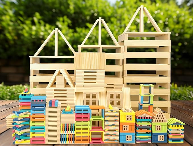 Premium 300 Pcs Rainbow Wooden Building Planks Kit, Open-Ended Creative Building Blocks Set for Kids Ages 3-12,Colorful Pine STEM Construction Toys - Educational Sorting & Patterning Gift (4.65 in)