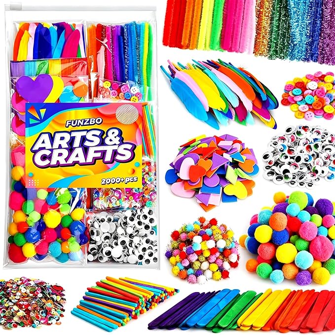 FUNZBO 2000Pcs+ Arts & Crafts Supplies Kits for Kids, DIY Craft Supplies for Toddlers Art Supply Tools Set Pipe Cleaners, Pom Poms and Feather, Birthday Gifts for Kid Girls Ages 4-8-12