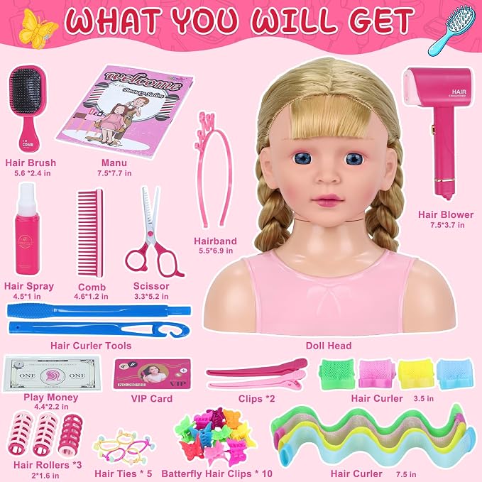 Doll Head for Hair Styling Kids, Pretend Play Hair Salon Toys for Girls with Hairdryer Hair Accessories, Princess Birthday Toys Gifts for 3 4 5 6 7 8 Years Old