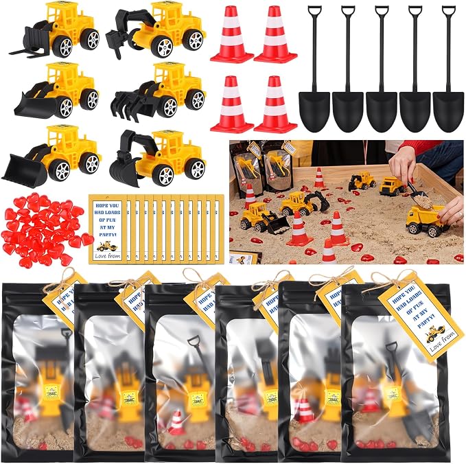 Jenaai 12 Set Construction Party Favors Truck Vehicle Set with Sand Greeting Cards Mini Cars Truck Tractor Forklift for Back to School Gifts Birthday Party Supplies Rewards Goodie Bag Stuffer
