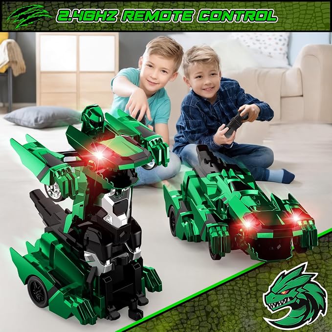 Kroyedfuw Dinosaur Transform Rc Cars, 2.4Ghz Remote Control Car Transforming Robot with Flashing Light, 360° Rotation One Button Deformation Car Toy Gifts for Boys Age 4-7 8-12