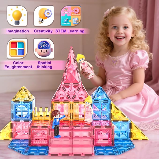 Soyee Diamond Magnetic Tiles Magnet Building Blocks - Princess Castle Toys for Girls & Boys Age 3-8 Birthday Present 5 6 7 8 9 10 Year Old Gifts for Kids Classroom