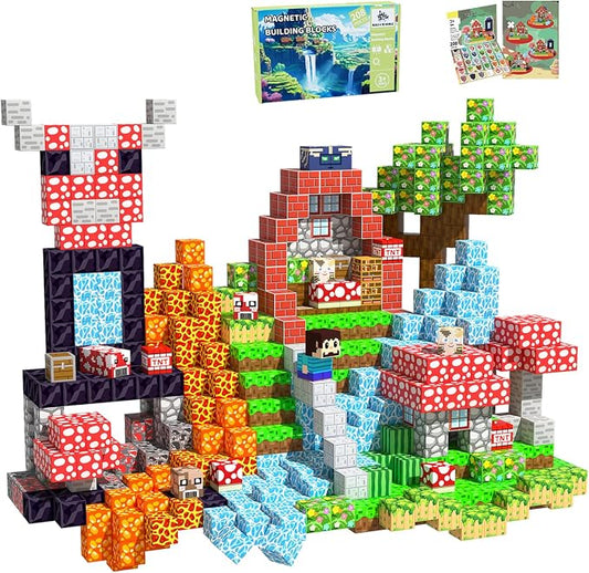 Magnetic Blocks, 208PCS Magnetic Building Blocks, Stacking Magnets for Kids, Sensory Toy for STEM Constructions Magnet Blocks for Boys Girls Age 3+, Christmas Birthday Gifts (Mushroom House)